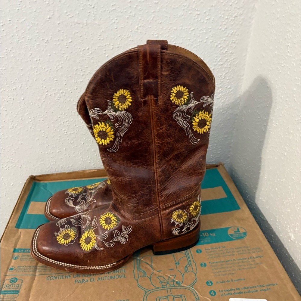 Shyanne Brown Heeled Boots with Yellow Floral Embroidery